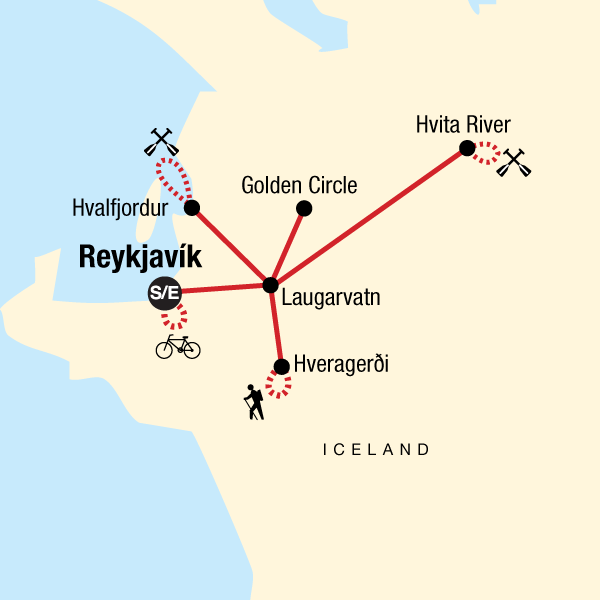 Map of the route for Iceland Hike, Bike & Raft