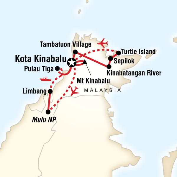 Map of the route for Borneo & Mt Kinabalu Encompassed