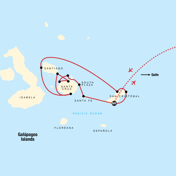 Map of the route for Galápagos — Central & East Islands aboard the Xavier III