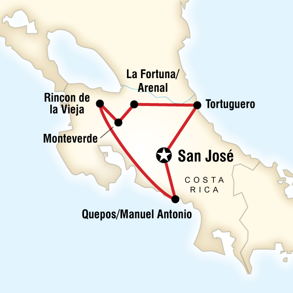 Map of the route for Costa Rica Encompassed Independent Adventure