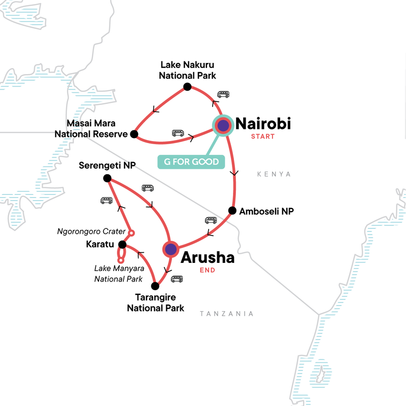 Map of the route for Wildlife of Kenya & Tanzania: Nakuru to Serengeti
