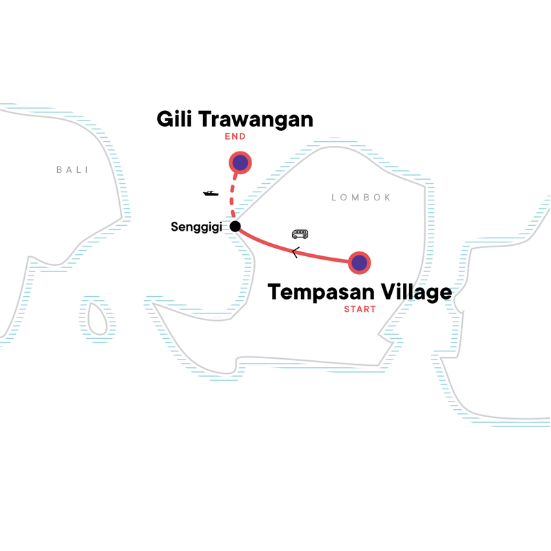 Map of the route for Lombok & Gili Adventure: Culture, Peaks & Paradise