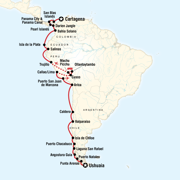 Map of the route for South America Cruise - Ushuaia to Cartagena