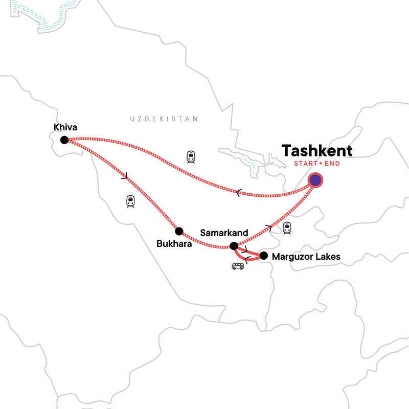 Map of the route for Uzbekistan and Tajikistan: Silk Roads & The Seven Lakes