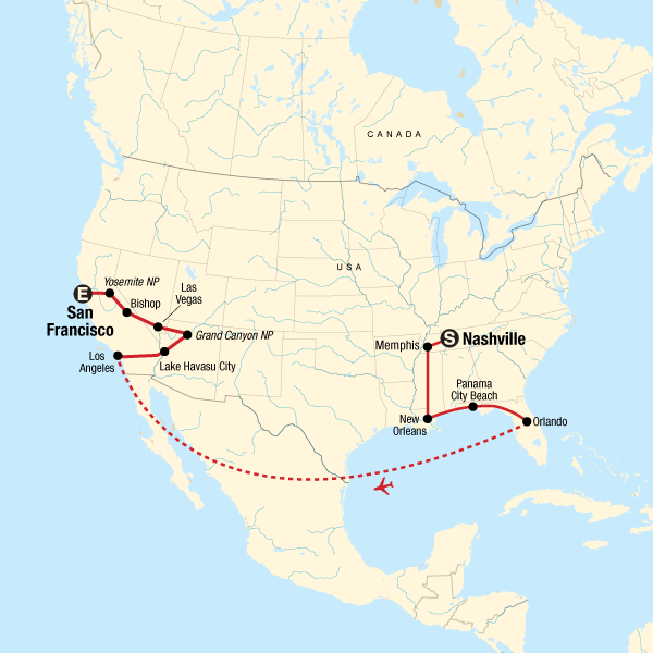 Map of the route for USA Road Trip: Best of Nashville to San Francisco