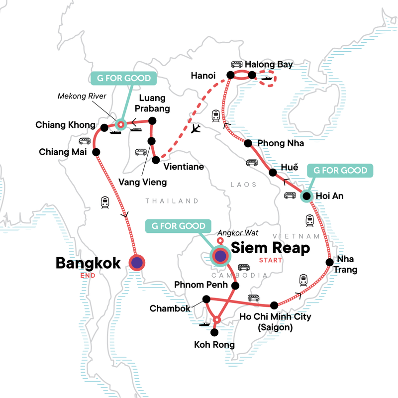 Map of the route for Siem Reap to Bangkok: Sandy Beaches, City Life & Street Food