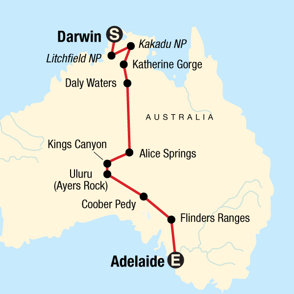 Map of the route for Australia North to South – Darwin to Adelaide