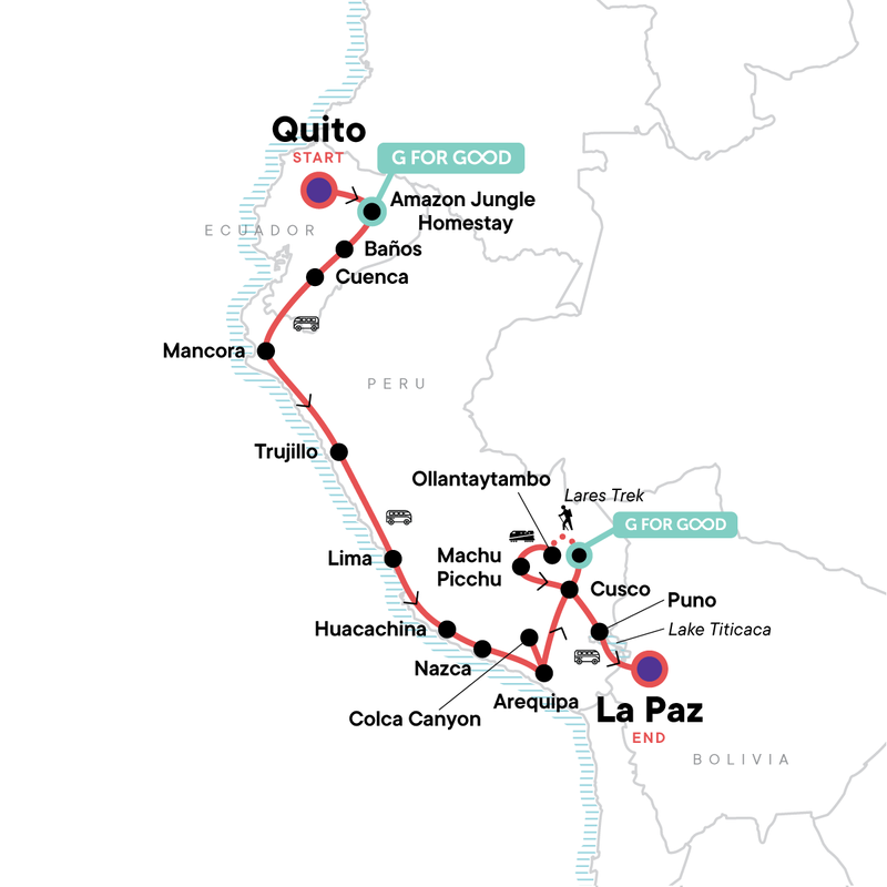 Map of the route for Quito to La Paz: Amazon & Ancient Cultures