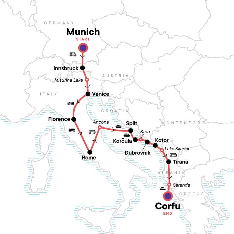 Map of the route for Essential Europe: Italy, Croatia & Mediterranean Magic