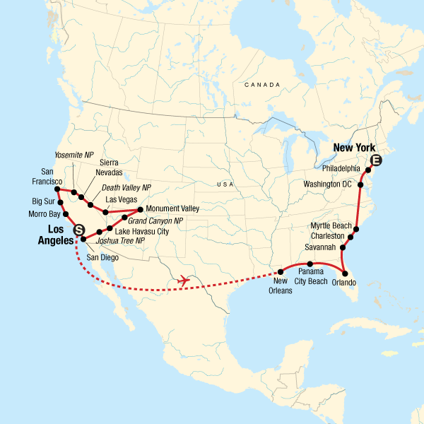 Map of the route for Highlights of the US