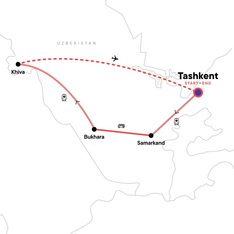 Map of the route for Uzbekistan: Samarkand, Bukhara & the Ancient Silk Road