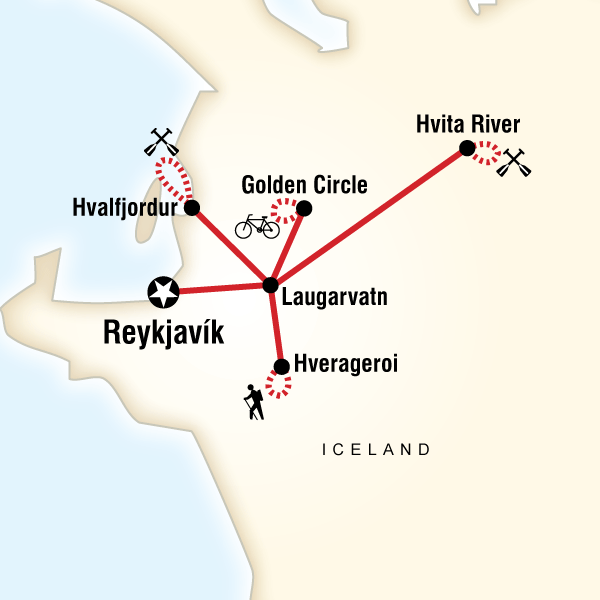 Map of the route for Iceland Hike, Bike & Raft