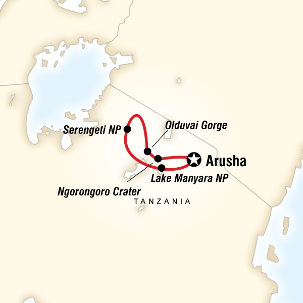 Map of the route for Journeys: Tanzania Safari Experience