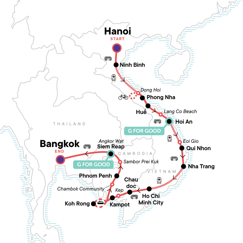 Map of the route for Essential Southeast Asia: Hanoi, Phnom Penh & Thailand Good Times