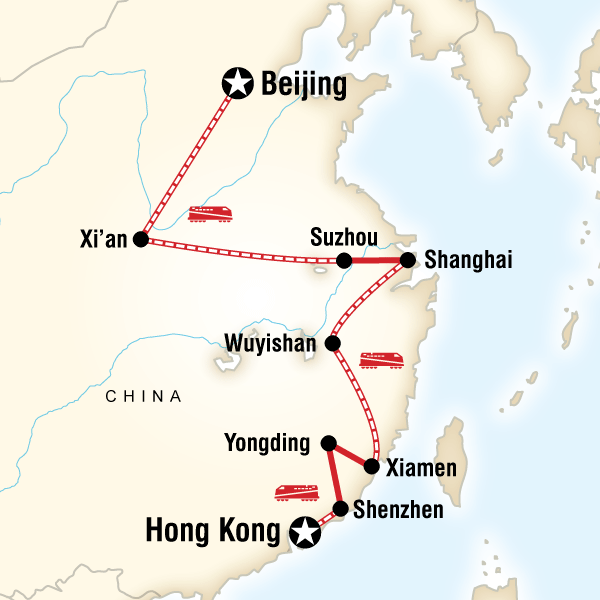 Map of the route for Beijing to Hong Kong: Great Wall & Warriors