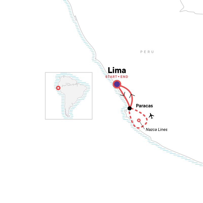 Map of the route for Paracas & Nazca Lines Independent Adventure