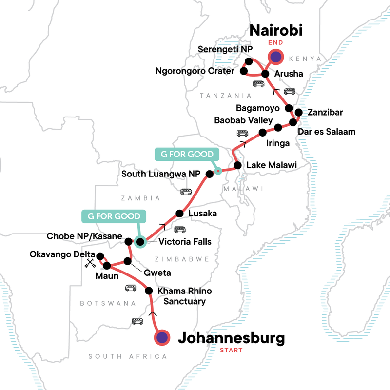 Map of the route for Johannesburg to East Africa Overland Safari & Participation Camping