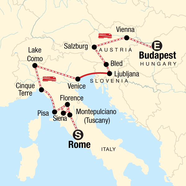 Map of the route for Rome to Budapest Explorer