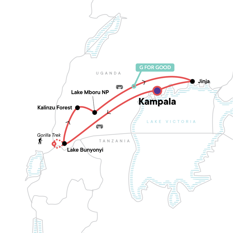 Map of the route for Uganda Overland: Gorillas & Chimps