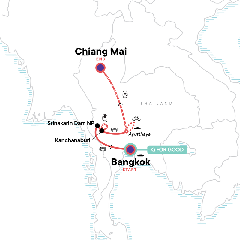Map of the route for Thailand Adventure: Bangkok, Chiang Mai & Street Food Crawls