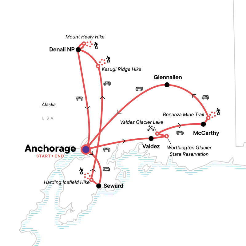 Map of the route for Ultimate Active Alaska