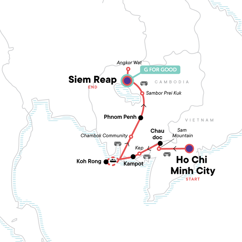 Map of the route for Vietnam to Cambodia: Ho Chi Minh City, Siem Reap & Beach Bars