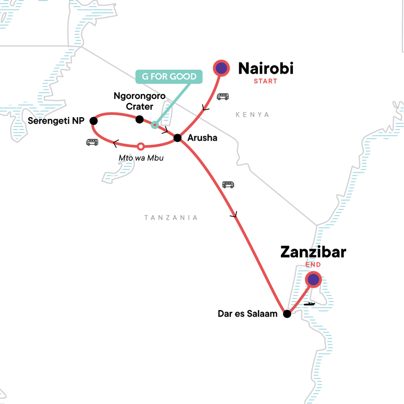 Map of the route for Kenya, Tanzania Overland Safari & Participation Camping