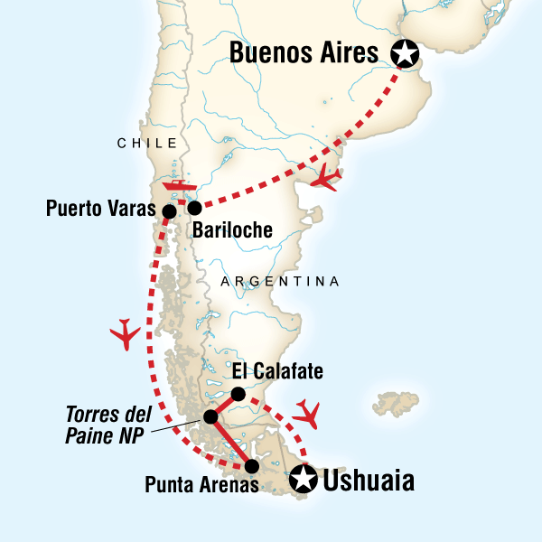 Map of the route for North & South Patagonia - Expedition Add-on