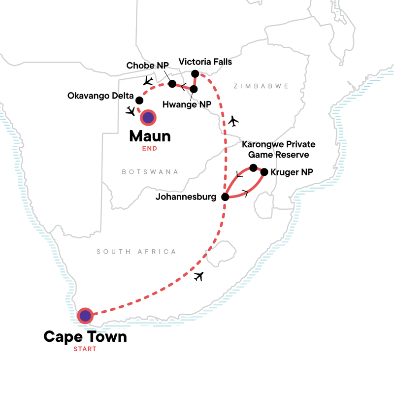 Map of the route for Southern Africa: Cape Town to Botswana