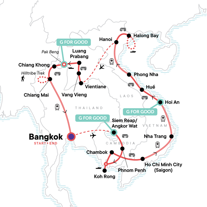 Map of the route for Southeast Asia: Northern Hilltribe Trekking & Beach Vibes