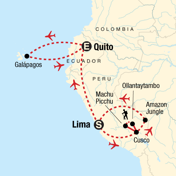 Map of the route for Amazon to the Andes & Galápagos South & Central Islands