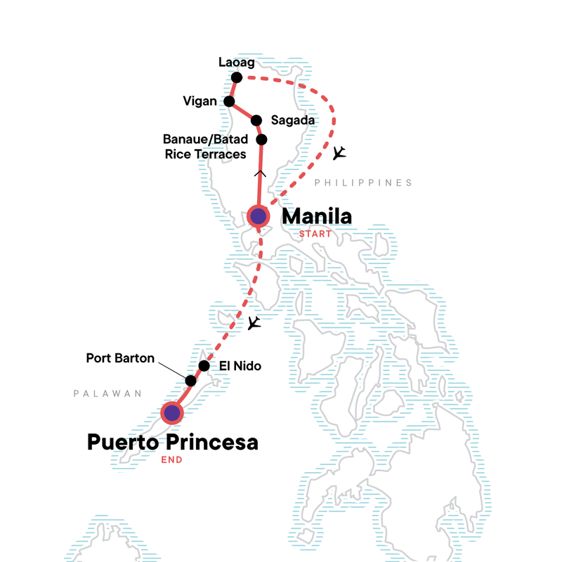 Map of the route for Northern Philippines and Palawan Adventure