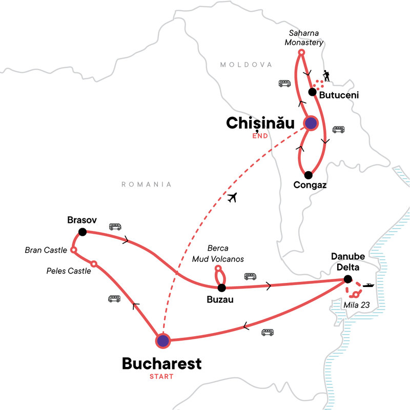 Map of the route for Heart of the East: Romania & Moldova Adventure