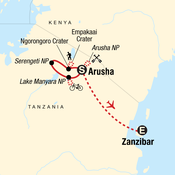 Map of the route for Active Safari & Zanzibar Experience