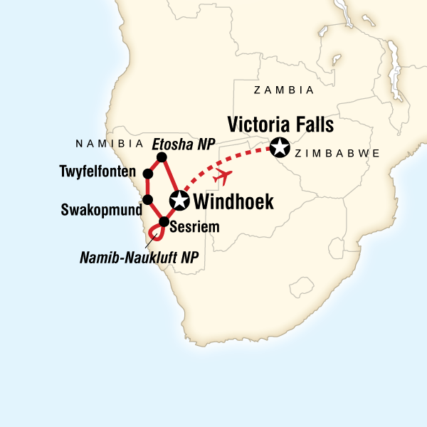 Map of the route for Journeys: Discover Namibia & Victoria Falls