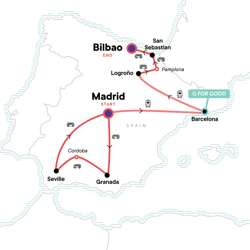 Map of the route for Complete Spain: South to North Adventure