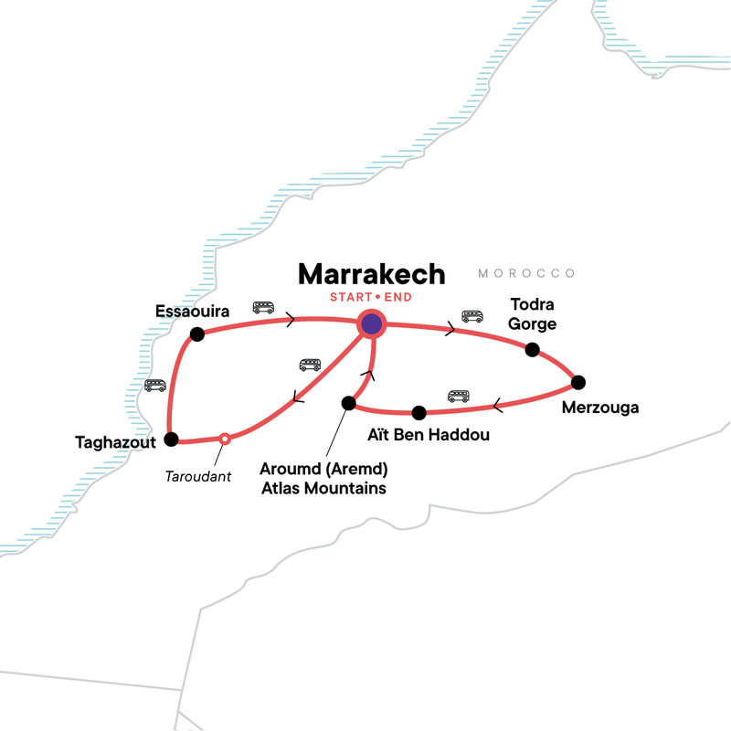 Map of the route for Morocco: Deserts & Beaches