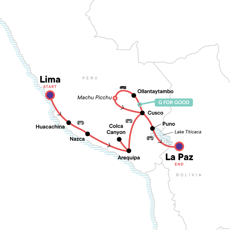 Map of the route for Lima to La Paz: Sandboarding & Sunsets