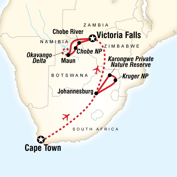 Map of the route for Iconic Southern Africa