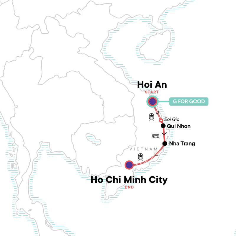 Map of the route for Vietnam Adventure: Hoi An, Beaches & Ho Chi Minh City