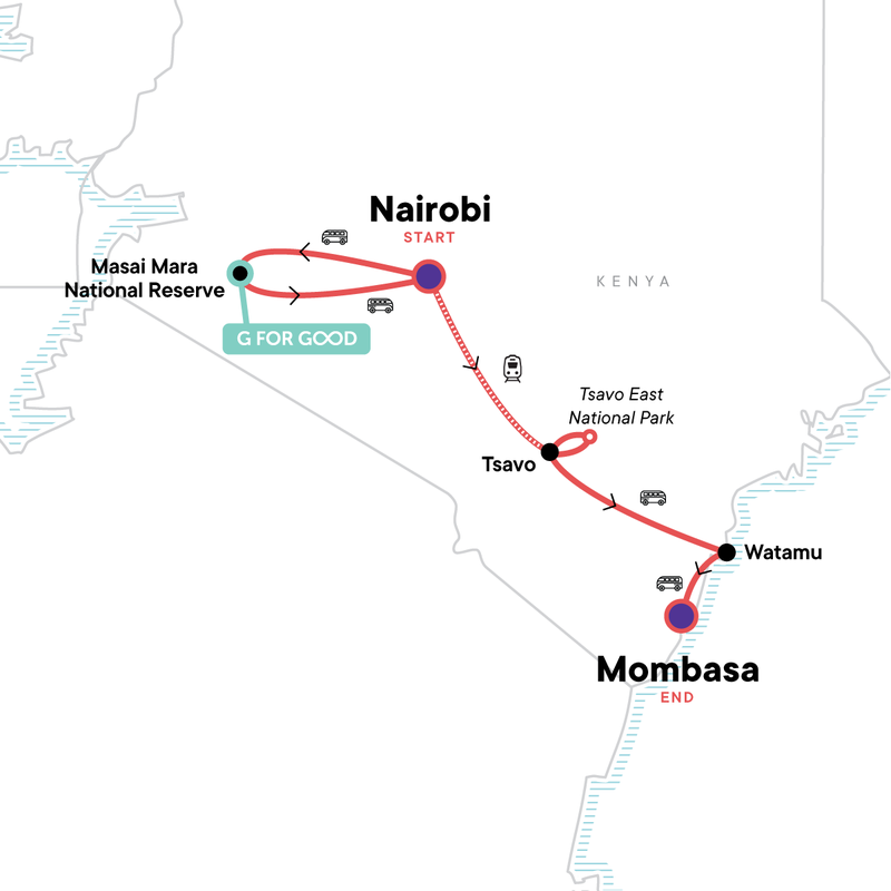 Map of the route for Kenya: Masai Mara, Tsavo & Coastal Wonders