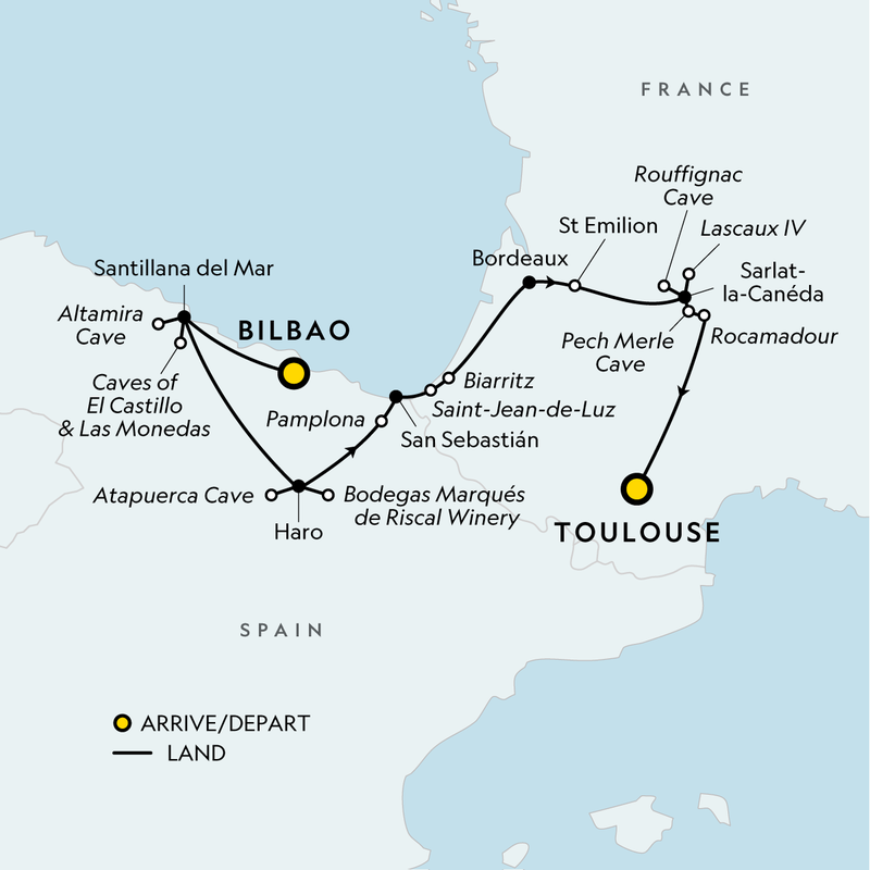 Map of the route for Signature: Northern Spain & the Vineyards of Southwest France