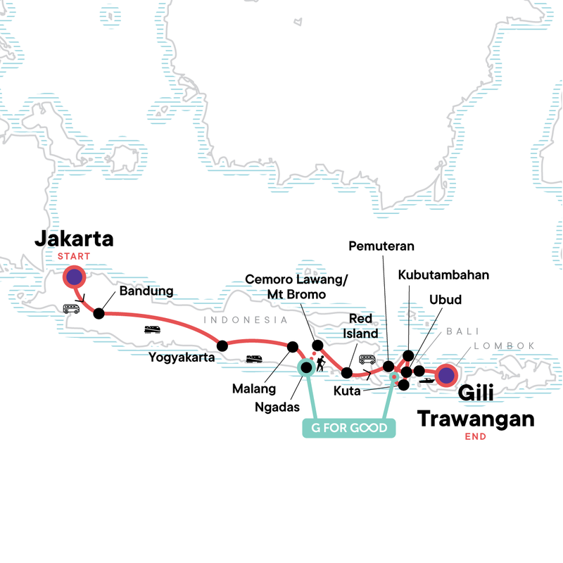 Map of the route for Indonesia Adventure: Java & Bali