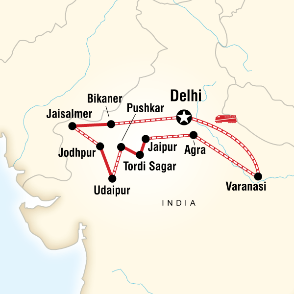 Map of the route for Rajasthan & Varanasi — Ancient Temples & the Taj Mahal