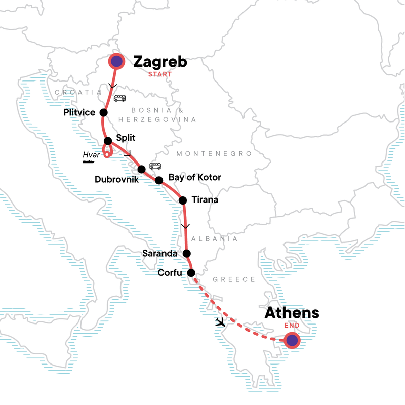 Map of the route for Zagreb to Athens: Adriatic & Ancient Capitals