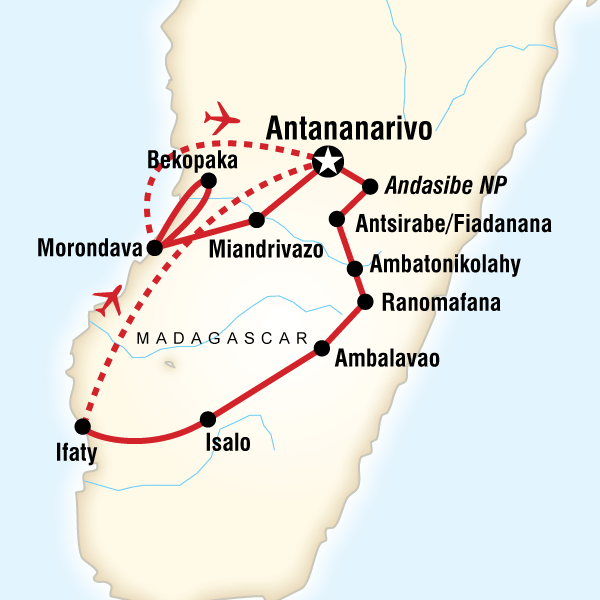 Map of the route for Ultimate Madagascar Adventure