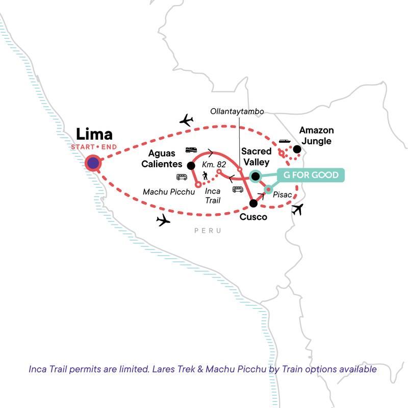 Map of the route for Peru: Lima, the Inca Trail & the Amazon