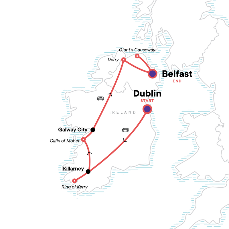 Map of the route for Highlights of Ireland