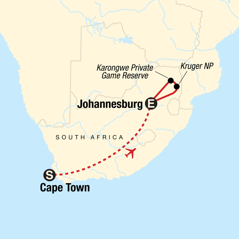 Map of the route for Explore Cape Town & Kruger National Park