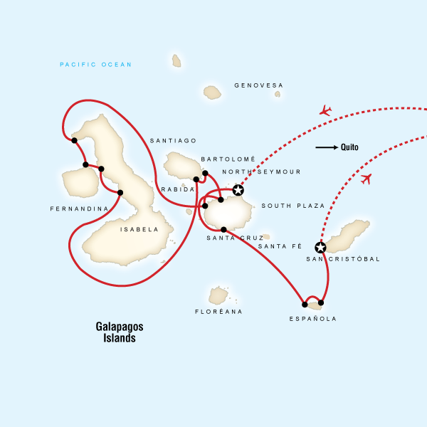 Map of the route for Galápagos — West & Central Islands aboard the Evolution